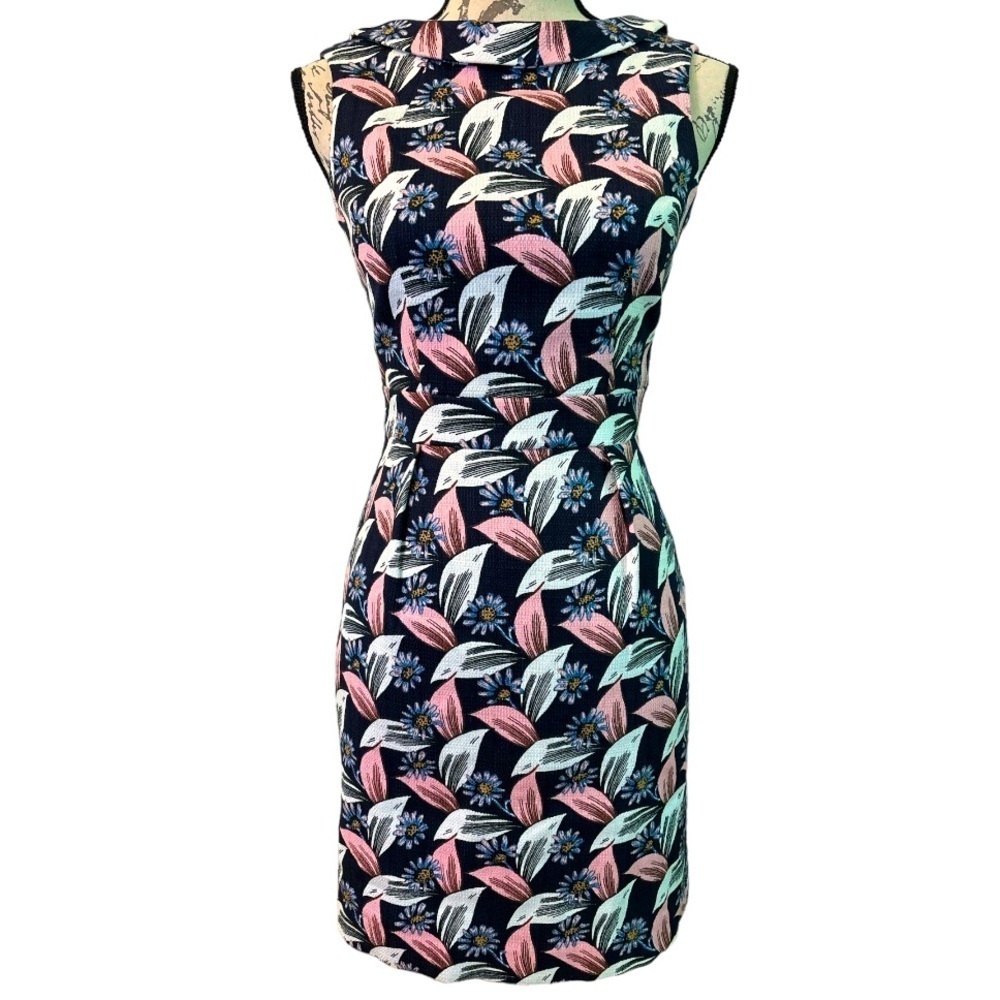 BODEN sheath dress, wide waistband, black with pink white print, retro style